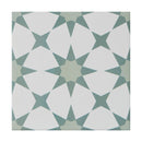 Geometric pattern tile with white and green shapes on a white background