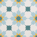 Patterned tile with star design in blue, yellow, and white