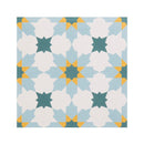 Geometric patterned tile with blue, yellow, and white colours on a white background