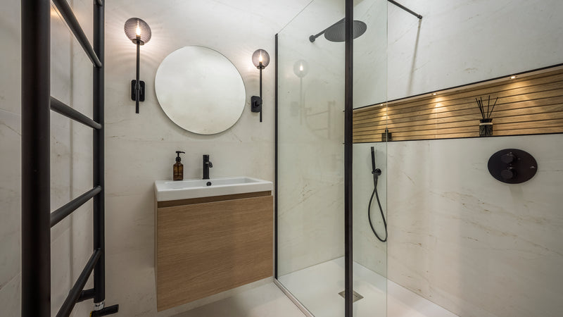 Contemporary wood effect bathroom with black fixtures