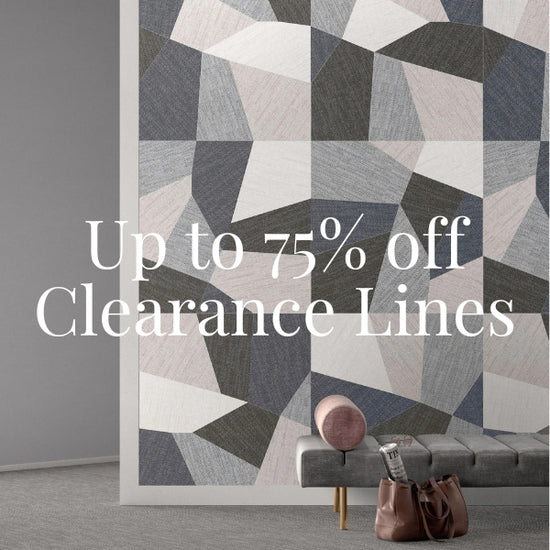 Large geometric wall tiles. Large white text across the center reads 'Up to 75% off Clearance Lines'.
