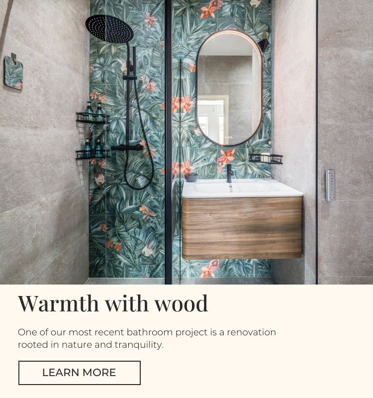 Click to learn more about the floral tiles and wooden vanity bathroom