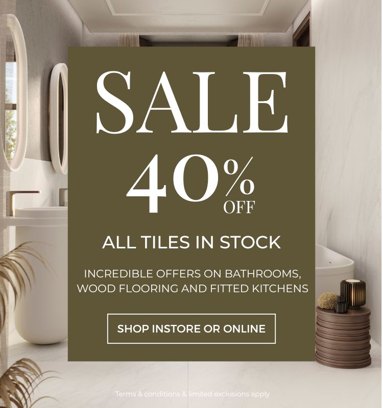 Sale advertisement for tiles in a bathroom setting with a 40% off tiles offer.