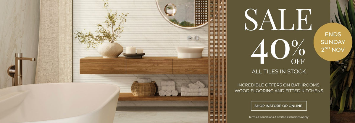 Bathroom interior with a sale promo: 40% off all Tiles in Stock, Ends 2nd of November