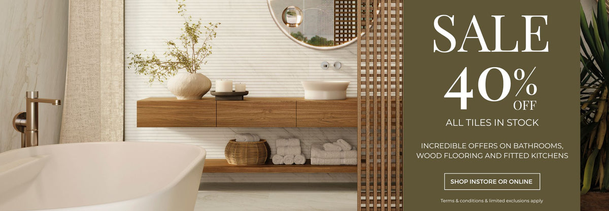 Modern bathroom with wooden vanity and sale advertisement on the right