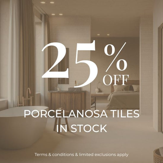 Modern bathroom interior with promotional text overlay for Porcelanosa tiles event