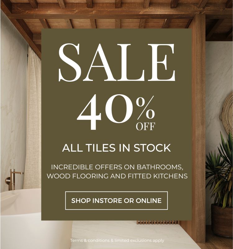 Sale sign with 40% off on tiles and Sale message in a bathroom setting