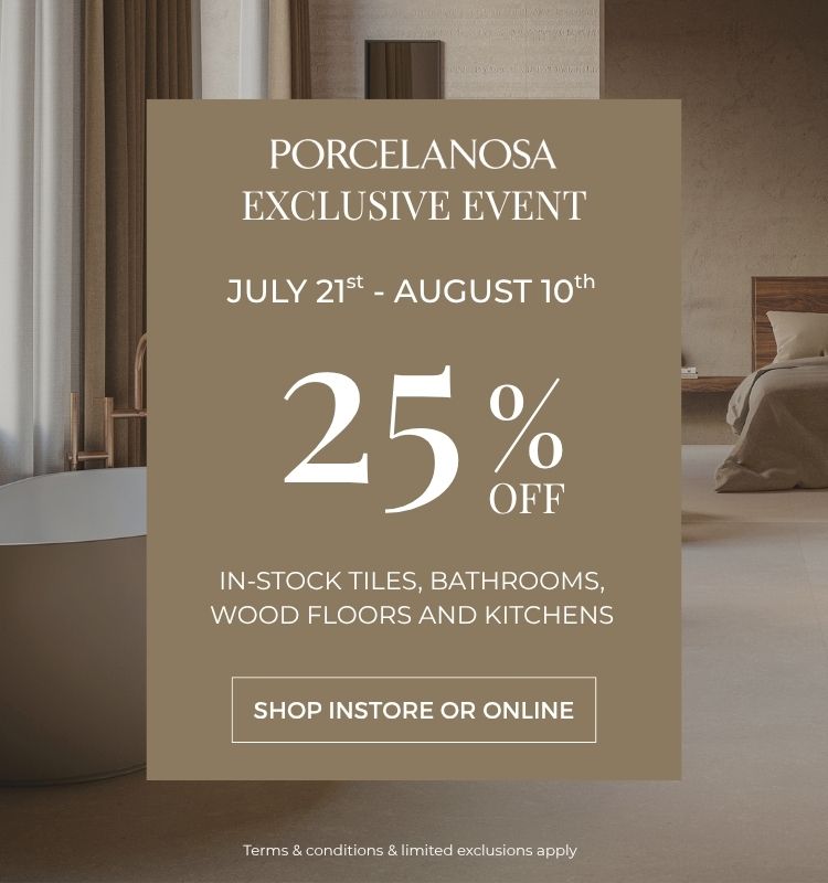 Advertisement for Porcelanosa exclusive event with discount information.