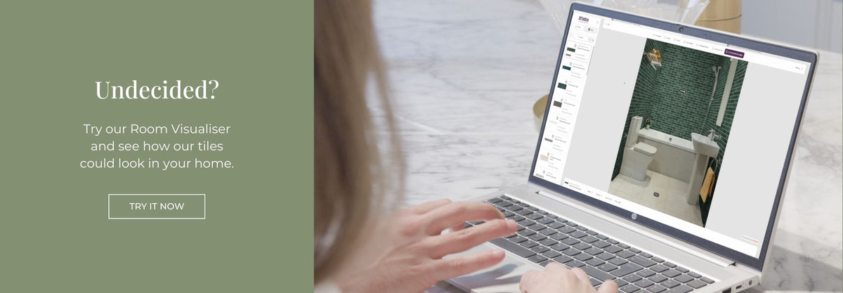 Image of laptop with text about trying a room visualiser tool for tiles.