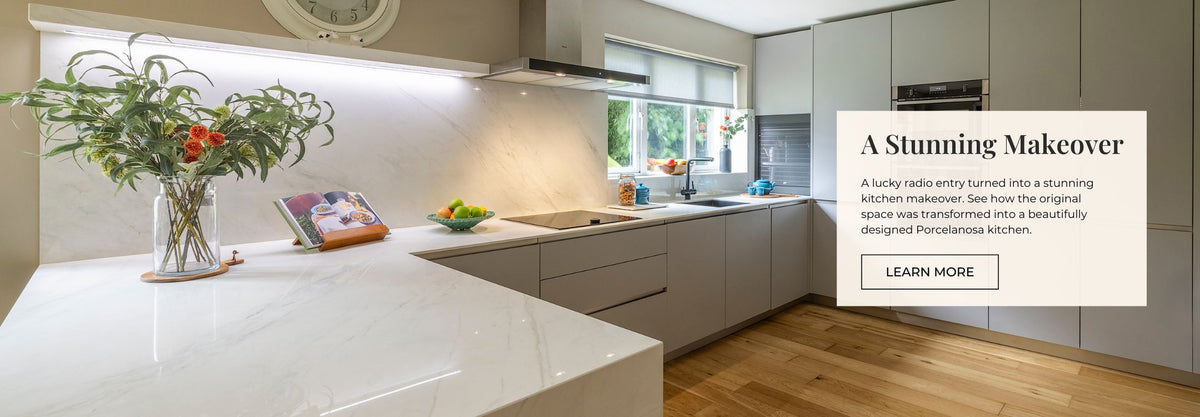 Modern Porcelanosa pale grey kitchen with white countertops and stainless steel appliances, featuring a 'Stunning Makeover' promotional banner.