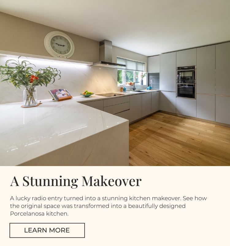 Modern Porcelanosa kitchen in pale grey, with white countertops and wooden floor with "Stunning Makeover" promotional banner