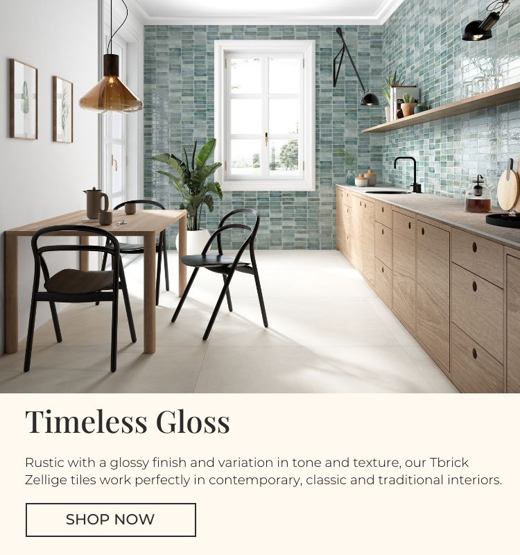Modern kitchen with Tbrick Zellige effect tiles on the wall