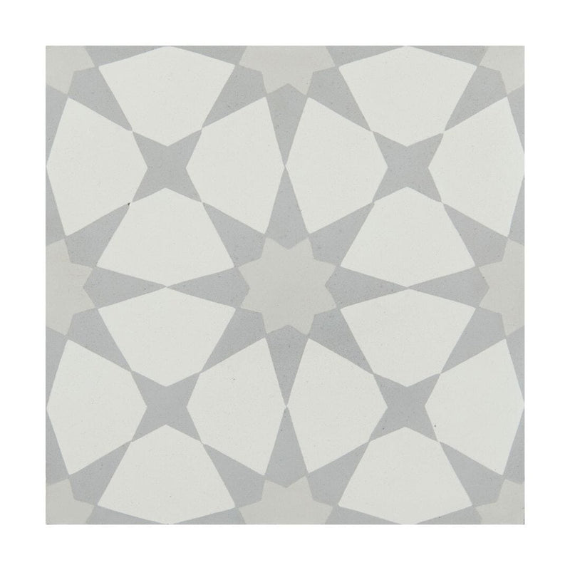 Geometric patterned tile with white and gray shapes on a white background