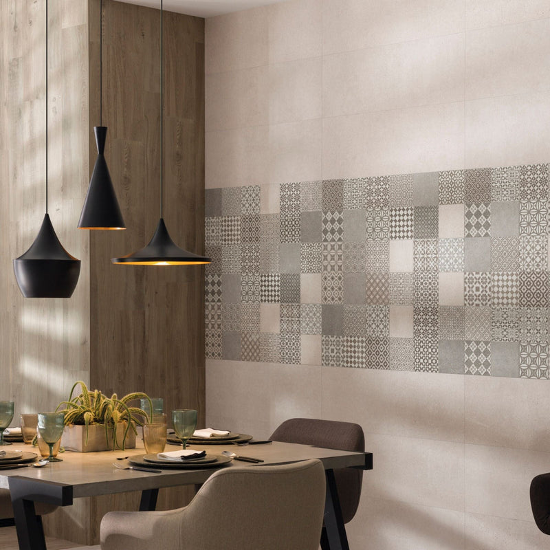 Kitchen dining table with beige and patterned wall tiles.