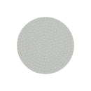 Upward view of large round rain shower head in chrome. 