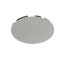 Round shower head with perforated design on a white background.