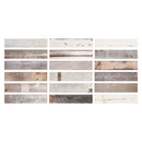 Collection of wood effect tiles with various finishes and tones on a white background