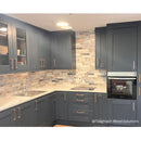 Modern kitchen with dark grey cabinets, rustic wood effect wall tiles