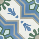 Decorative tile with geometric pattern and blue floral design