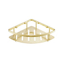 Brushed brass corner shower caddy on a white background