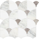 White marble fan-shaped mosaic tiles with gray textured accent pieces in a repeating scallop pattern.