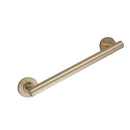 A brushed brass bathroom grab bar with round wall mounts on both ends.