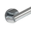 A close-up of a chrome wall-mounted bathroom grab bar with a circular backplate.