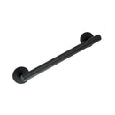 Matte black metal grab bar with circular wall mounts on a plain white background.