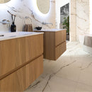 Bathroom with wooden vanity units and marble effect tile flooring