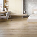 Bedroom with wood effect luxury vinyl flooring.