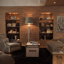 Living room with ridged wood effect tiles on the walls.