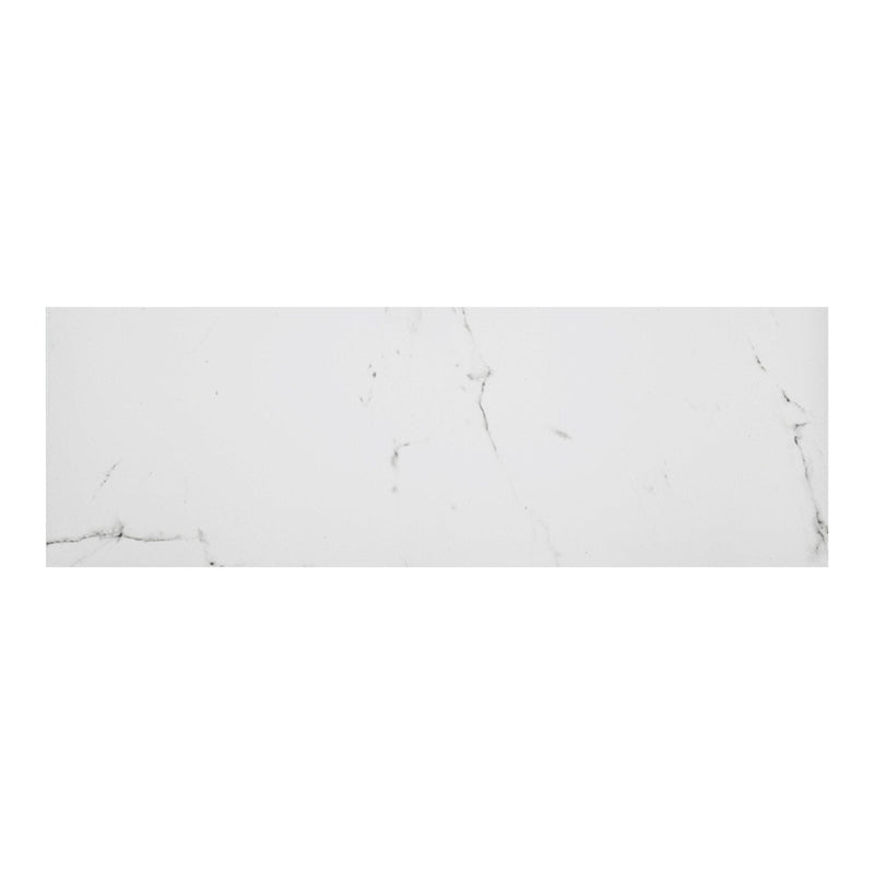 White marble effect tile with subtle grey veining on a white background