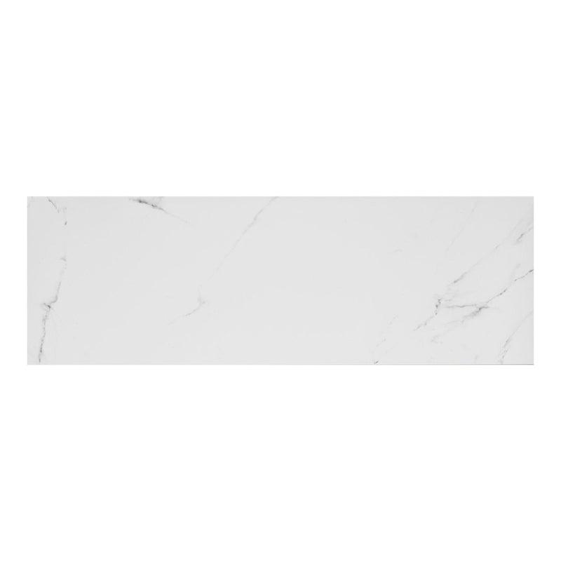 White marble effect tile with subtle grey veining on a white background