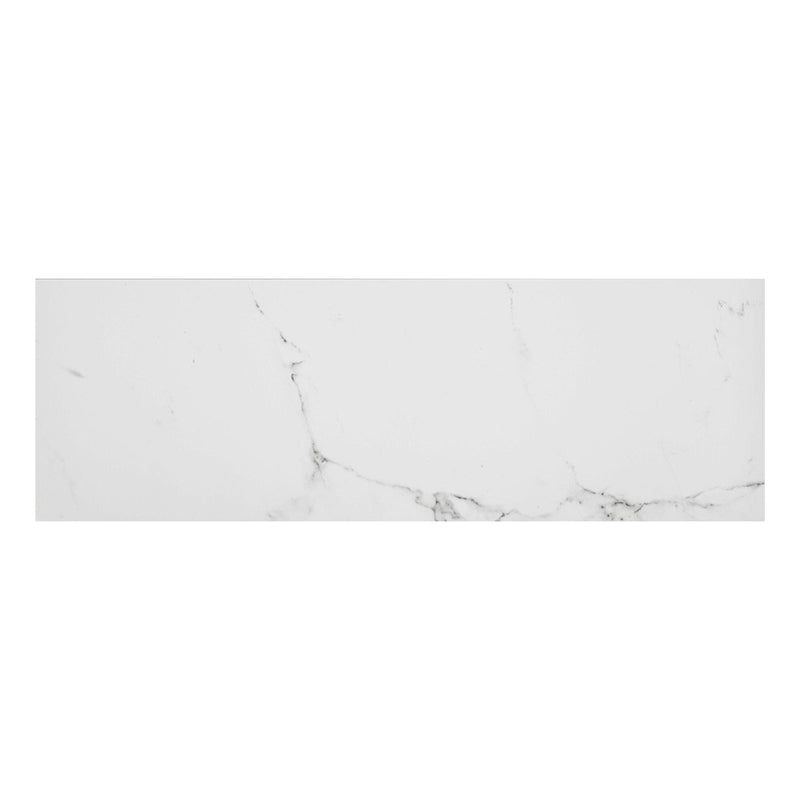 White marble effect tile with subtle grey veining on a white background