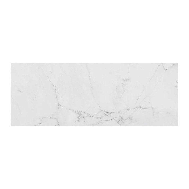 White marble effect tile with subtle grey veining on a white background