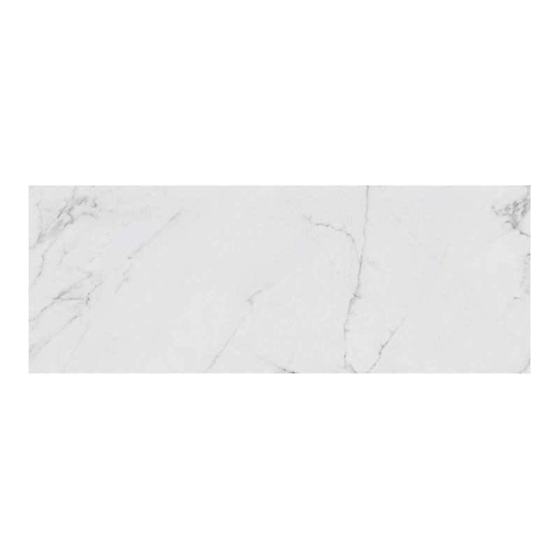 White marble effect tile with subtle grey veining on a white background