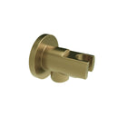 Brushed brass shower head bracket on a white background