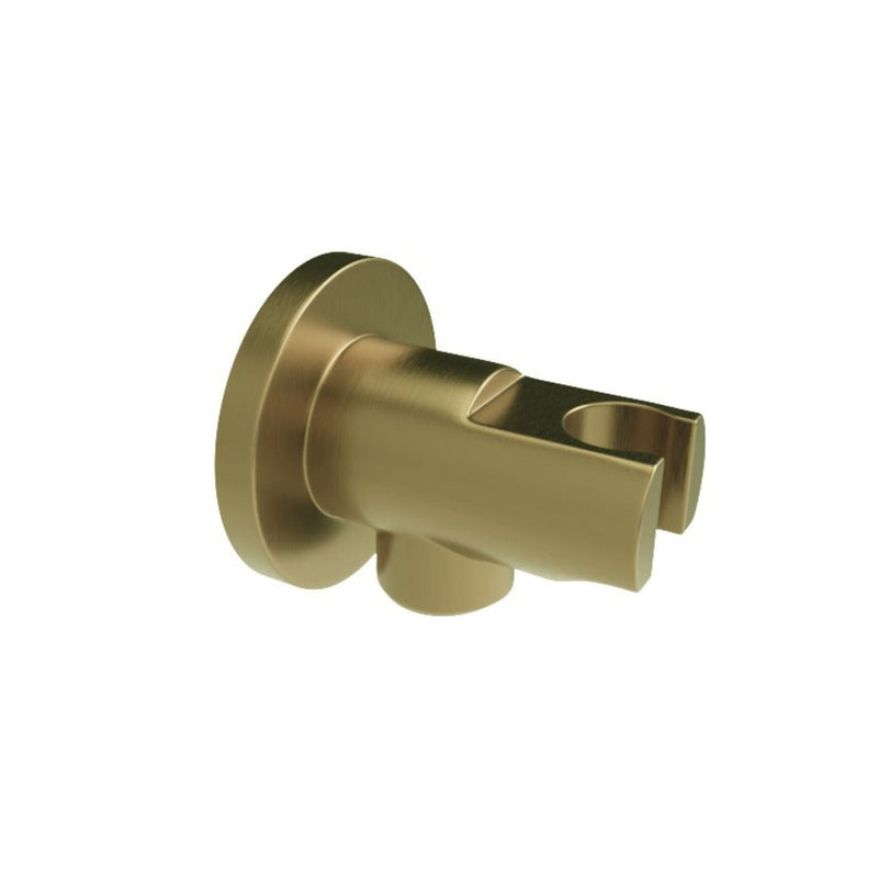 Brushed brass shower head bracket on a white background