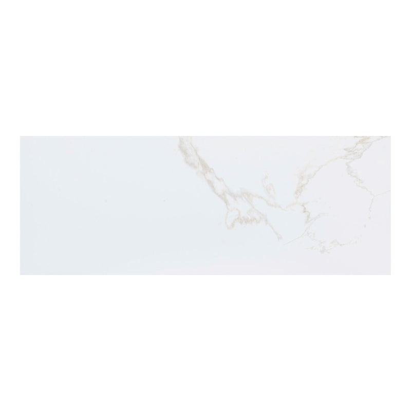 White marble effect tile with subtle veins on a white background