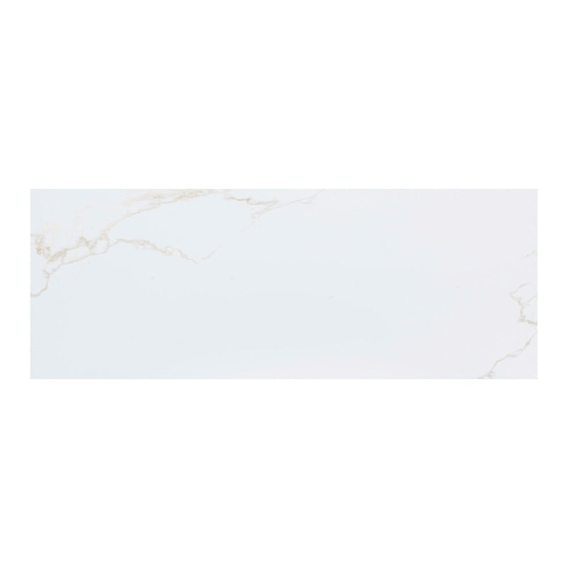 White marble effect tile with subtle veins on a white background