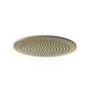 Round brushed brass shower head with multiple nozzles on a white background
