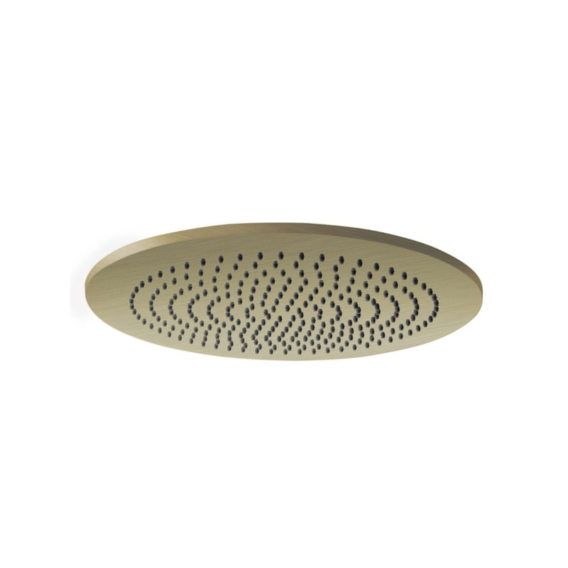 Round brushed brass shower head with multiple nozzles on a white background