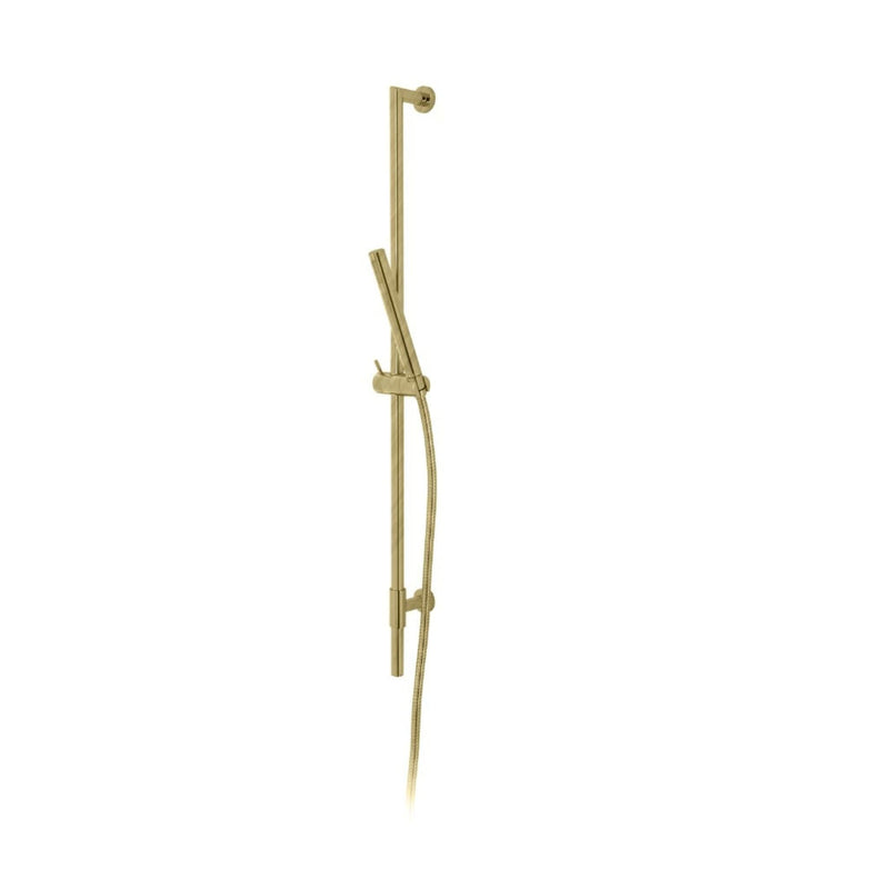 Brushed Brass shower head and column on a white background