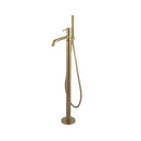 Brushed Brass freestanding bathtub mixer tap with handheld shower on a white background