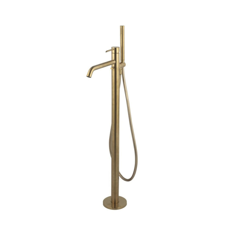 Brushed Brass freestanding bathtub faucet with handheld shower on a white background