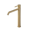 Brushed Brass Basin Tap with High Spout on white background