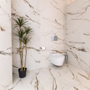 Bathroom with marble effect tiled walls, a plant and a toilet.