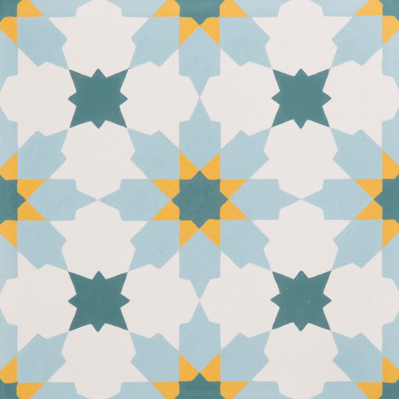 Patterned tile with star design in blue, yellow, and white