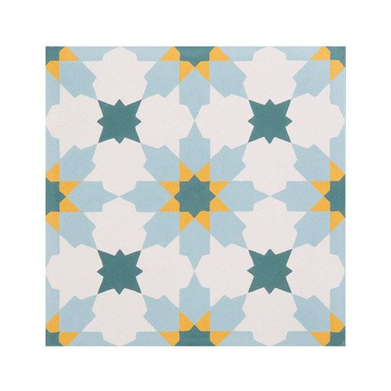 Geometric patterned tile with blue, yellow, and white colours on a white background