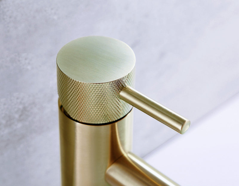 VOS Single Lever Basin Mixer - Brushed Brass Design Handle Taps TileStyle 